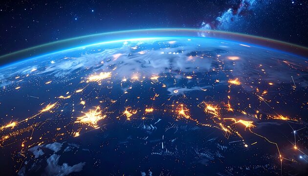 Night lights glow across Earth, a view from space with stars and the atmosphere