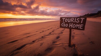 Tourist signage at sunset beach coastal landscape serene environment scenic viewpoint local sentiment
