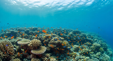 Underwater view of a vibrant coral reef teeming with colorful fish in clear blue ocean water scene ai generated