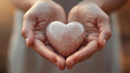 Heartfelt gesture hands holding a heart-shaped stone outdoors photography warm atmosphere close-up love concept