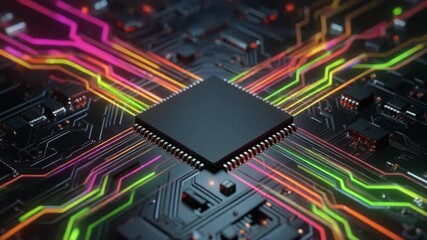 Futuristic CPU Chip on a Glowing Circuit Board - Powered by Adobe