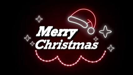 Merry christmas text with santa hat and stars on black background festive holiday celebration - Powered by Adobe