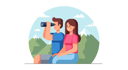 Couple Exploring Nature Enjoying Scenery with Binoculars Beautiful Landscape View