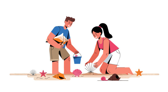 Couple Exploring Beach and Finding Shells, Sun, Fun, And Summer Together - Powered by Adobe