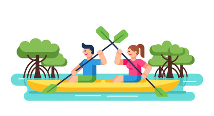Couple Kayaking Together Amidst Mangrove Trees On Calm Water In A Flat Design