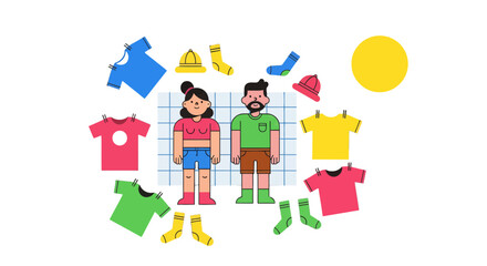 Naklejka premium Couple Standing next to each other Surrounded by Clothes and Accessories Cartoon Illustration