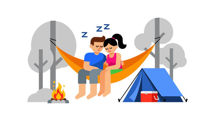Naklejka premium Couple Camping Comfortably Relaxing In a Hammock Beside a Campfire Under the Stars