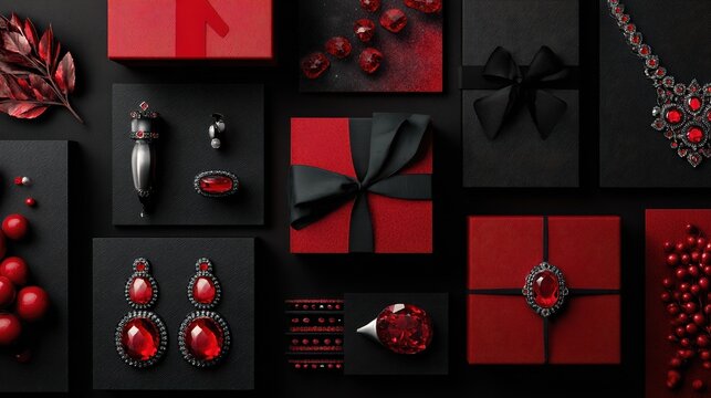 luxurious holiday gift flat lay highend jewelry glamorous accessories and elegant gift boxes in a bold black and red palette v7