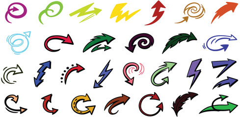 Colorful Arrow Icons, Collection Of Lightning Swirl And Directional Symbols For Energy Design Project Management And Motion Applications

