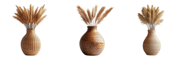 Three woven vases with dried pampas grass isolated on a transparent background