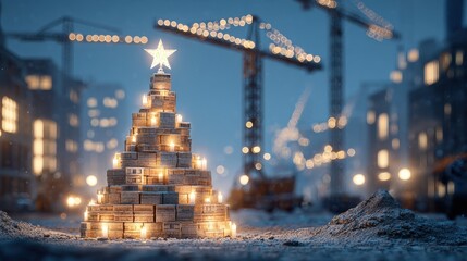 creative christmas tree made of stacked bricks lit by candles topped with glowing star city christmas construction cranes and buildings with snow and blurred lights