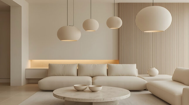 Invite tranquility into your space with this modern minimalist living room, featuring soft textures and elegant lighting for a serene, calming atmosphere