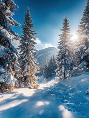 Fototapeta premium wonderful winter morning in mountain forest with snow covered fir trees bright outdoor scene happy new year celebration concept beauty of nature concept background no logos no brands ar 34