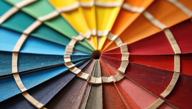 Bright colorful palette shows complete color spectrum arranged in circular fan order. Many paint sample swatches display primary, secondary, tertiary shades, creating visual guide. Handy tool helps