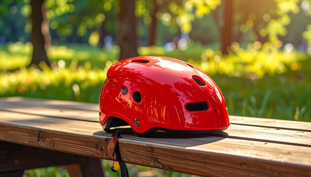 Red helmet sits on a wooden table in a park, sunlight dappling through trees in the background