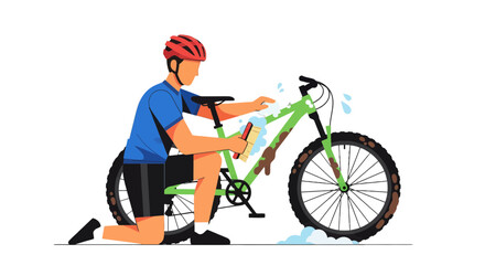 Fototapeta premium Cyclist Cleaning Bicycle After Adventure, Showing Dedication To Maintain His Vehicle
