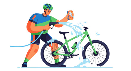 Naklejka premium Cyclist Cleaning Bicycle With High Pressure Water and Cleaning Sponge Illustration