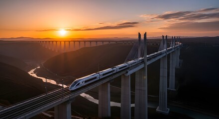 High speed train crossing a vast concrete viaduct at sunset with a river flowing below during golden hour