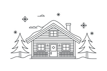 Fototapeta premium A cozy wooden cabin is covered in snow under a winter sky with snowflakes falling.
