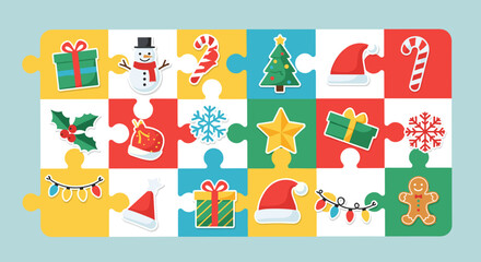 Fototapeta premium Christmas-themed puzzle pieces featuring festive icons on a light blue background