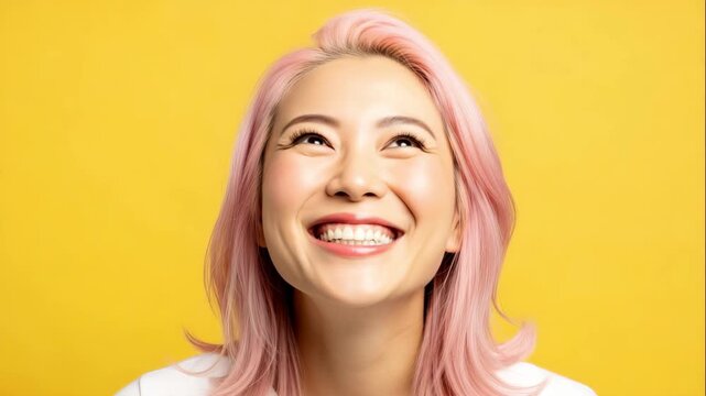 Smiling young Asian woman with pink hair against a bright yellow background. She has a joyful expression and is wearing a white shirt.