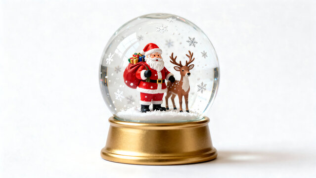 Christmas Snow Globe with Santa Claus and Reindeer – Festive Decoration Isolated on White Background