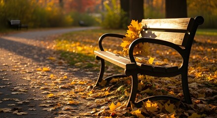 Autumn park bench bathed in warm sunlight covered in fallen leaves
