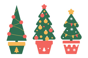 Three decorated Christmas trees in pots with festive ornaments and garlands stand side by side against a white background.