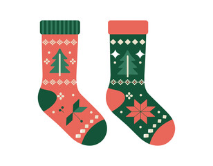 Two festive Christmas socks decorated with traditional winter patterns and holiday motifs, ready for winter.
