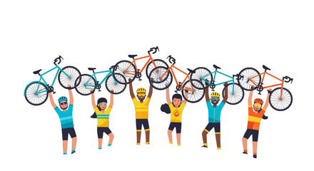 Cyclists Celebrate Victory by Raising Bicycles High in the Air Demonstrating Teamwork Achievement