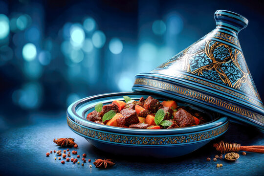 Savory Moroccan tagine with tender beef, vibrant vegetables, and fragrant spices served in an elegant blue dish