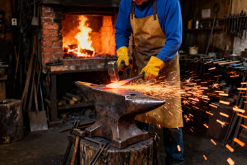 Blacksmith hammering hot metal on an anvil with sparks flying in a workshop