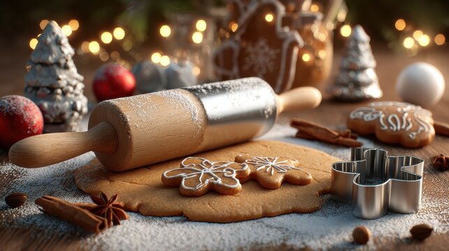 raw gingerbread dough wooden rolling pin metal cutters spices festive decorations and lights