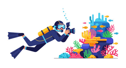 Diver Captures Aquatic Life With Camera In The Deep Sea, Underwater Photography Illustration