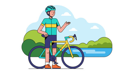Cyclist Stands With His Sport Bicycle in Nature Near Lake, Day Cycle Tour Begins