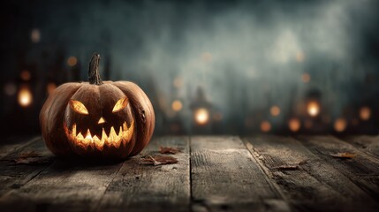 halloween pumpkin jack o lantern on wooden table with spooky background stock photo image