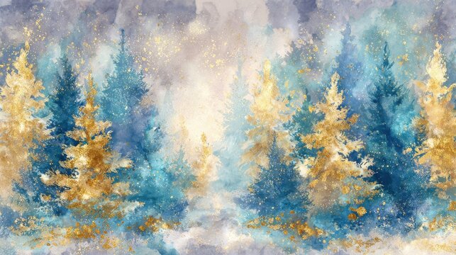 magical forest winter wonderland holiday trees and golden glowing lights christmas card style watercolor abstract artistic enchanted nature woodland background wallpaper backdrop wrapping paper