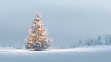 Obraz premium lighted isolated christmas tree in idyllic white snowy landscape greeting card banner concept with copy space for december holiday season christmas background