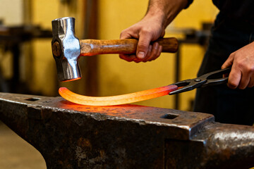 Blacksmith at work, hammering hot metal on an anvil in a workshop