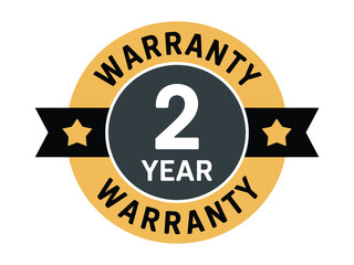 A prominent circular graphic displays '2 YEAR WARRANTY' in bold white lettering against a dark gray background, encircled by a golden yellow band with 'WARRANTY' written in black, and accented with a