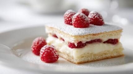 A beautifully presented dessert sits on a white plate. Layers of flaky pastry and cream are topped with fresh raspberries and sprinkles of powdered sugar, creating a tempting treat.