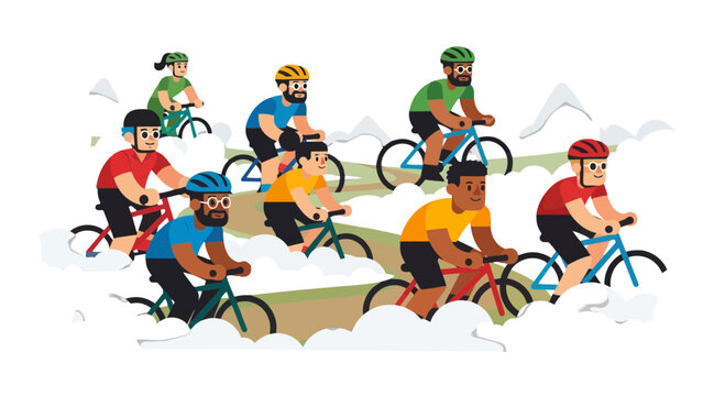 Cyclists Adventure: Group Of People On Bicycles, Mountain Trail Ride Fun Experience