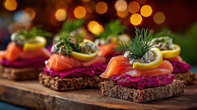 elegant scandinavian canapes with salmon beetroot cream dill lemon on rye bread festive bokeh refined nordic christmas appetizer sophisticated holiday bite vibe