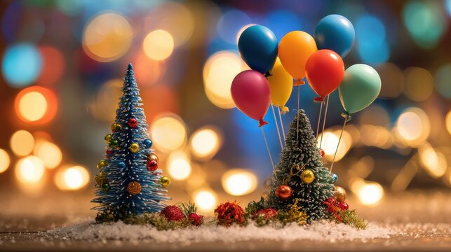 decorative blue christmas ornament featuring a miniature christmas tree surrounded by colorful balloons and festive decorations creating a whimsical holiday atmosphere with blurred lights in the back