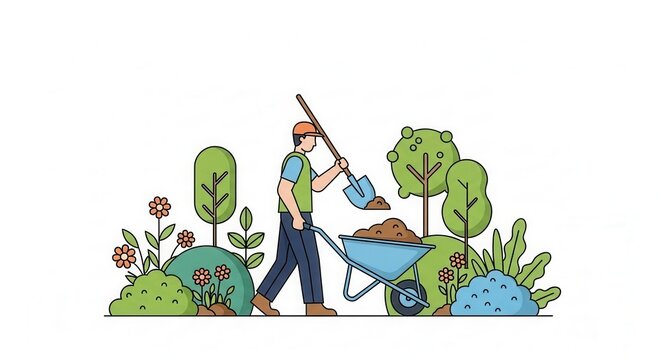 Illustration of a gardener with a shovel and wheelbarrow working outdoors. This clean, simple graphic evokes a sense of nature, landscaping, and manual labor. For ecology or hobby blogs.