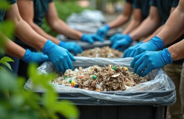 People wear blue gloves sorting mixed waste materials in large bins. Teamwork effort for recycling and environmental conservation during outdoor community cleanup activity.