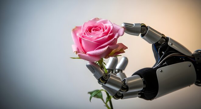 Mechanical hand gently holding a delicate pink rose with soft lighting