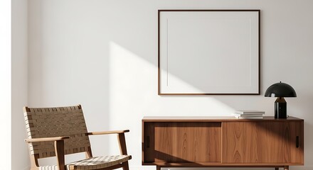 Modern interior with empty frame chair and wooden sideboard for mockup