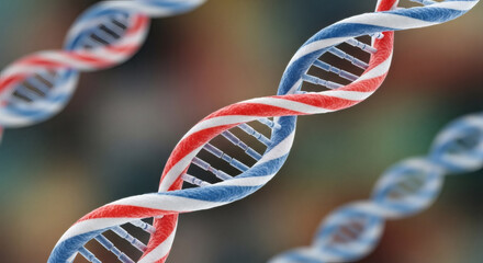 Close up of multiple dna strands in red white and blue colorscience