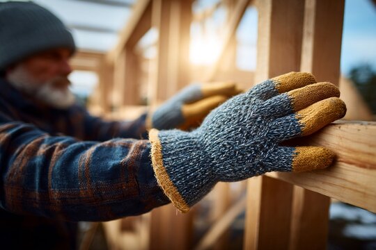 Close-up of carpenter’s gloved hands working with wooden beams on construction site